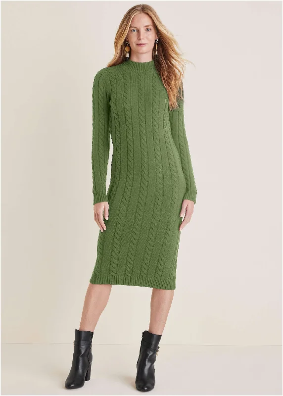 Retro Stripes Mockneck Midi Sweater Dress - Bronze Green