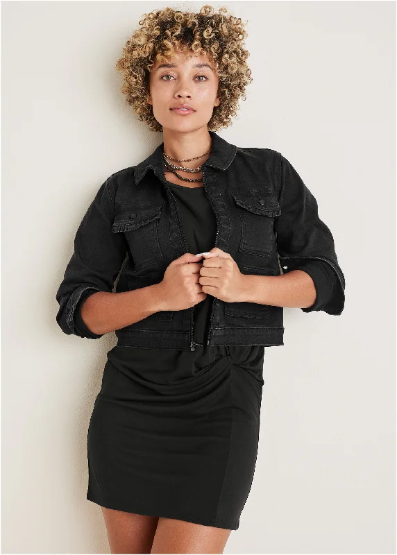 French Style Denim Cargo Jacket - Black Wash