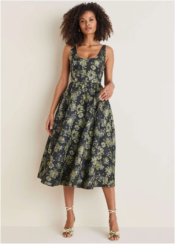 Fashionable Items Floral Jacquard Midi Dress - Navy Combo