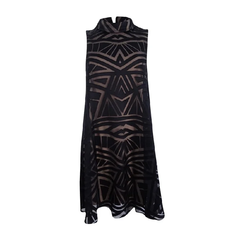 French Retro Vince Camuto Women's Mock-Neck Burnout Trapeze Dress (6, Black)
