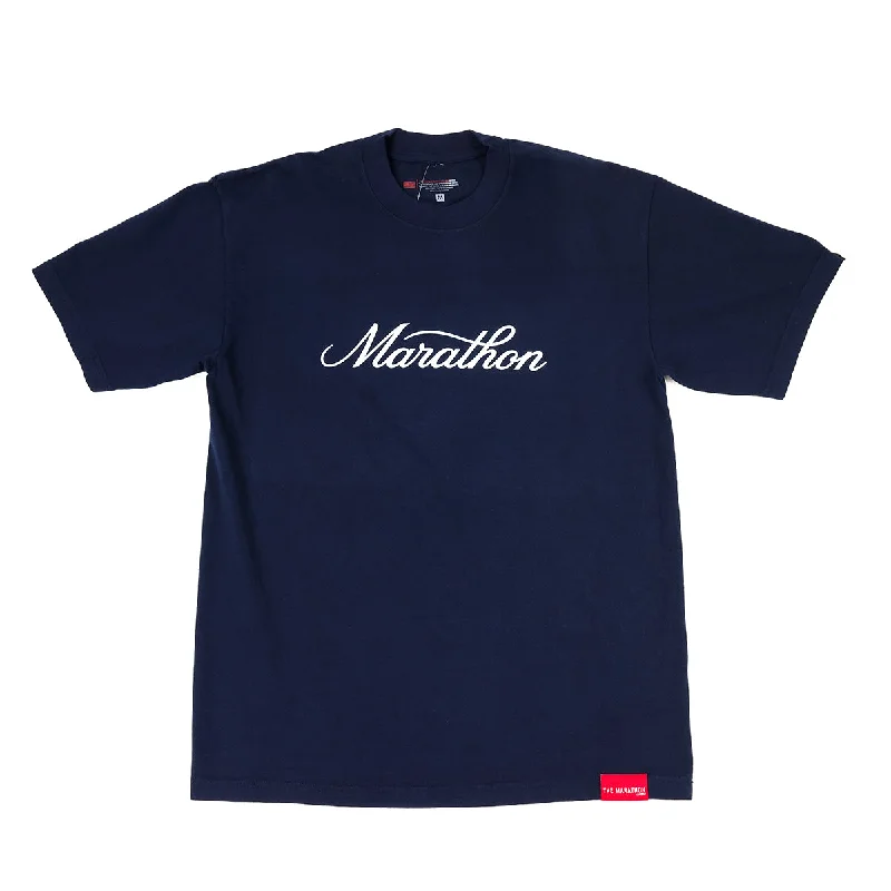 Sports Trend Marathon Classic Script T-Shirt - Navy/White