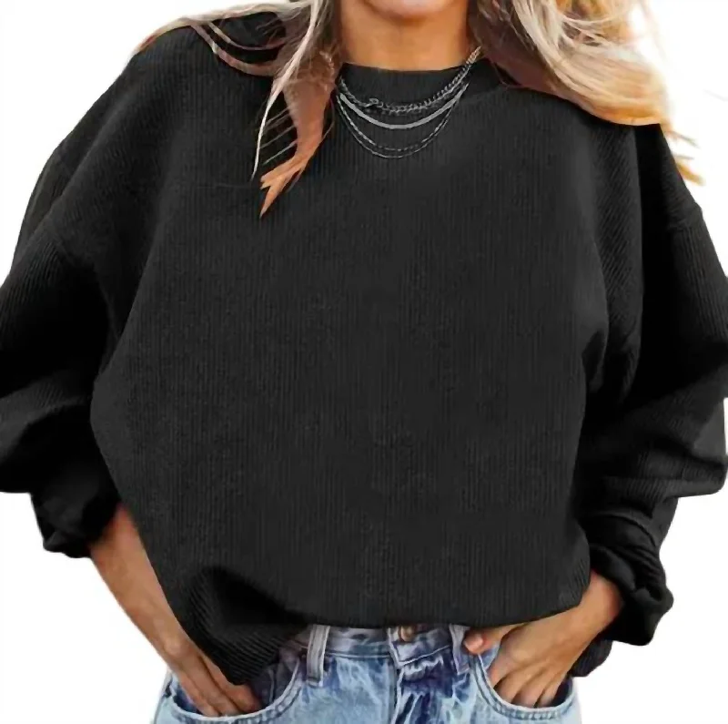 Slim Fit Ribbed Corded Crew Sweatshirt In Dark Gray