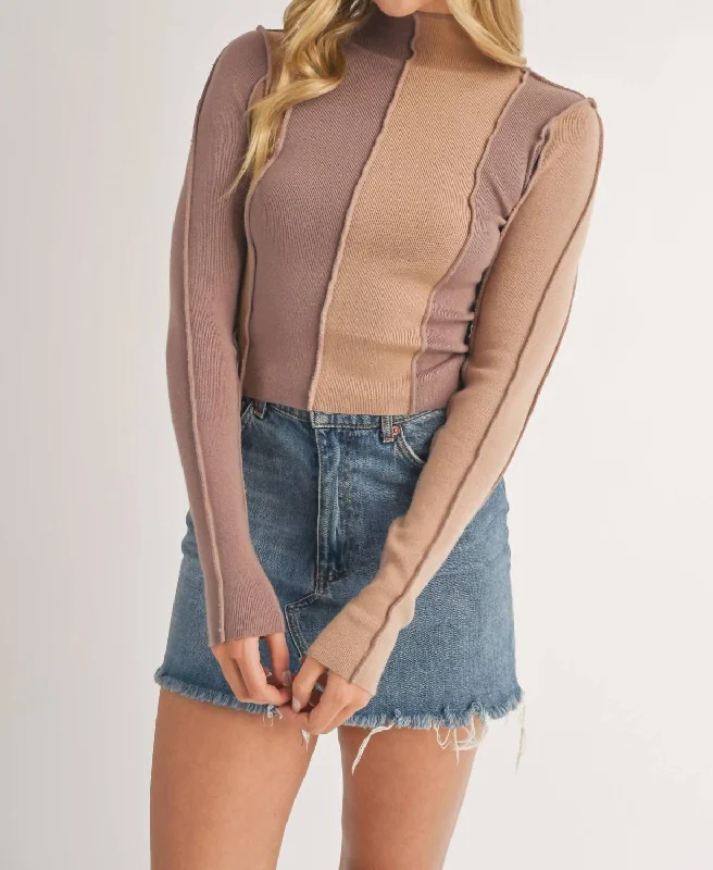 Printing decoration Mock Neck Top In Brown/camel