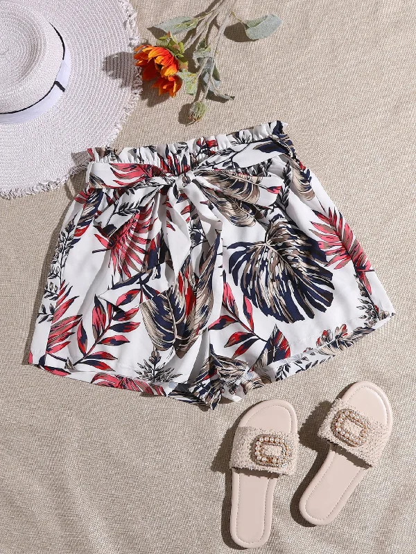 Cute Design Boho Tropical Paper Bag Waist High Waist Women Shorts
