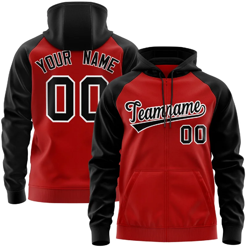 Exquisite Embroidery Custom Stitched Red Black-White Raglan Sleeves Sports Full-Zip Sweatshirt Hoodie