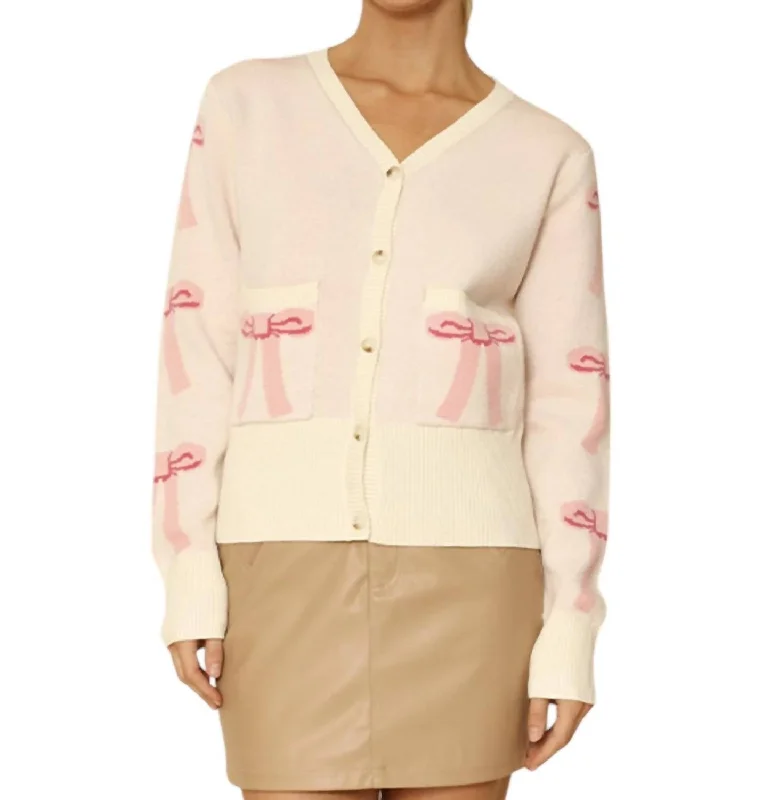 Design Must-have Cropped Knit Bow Cardigan With Pockets In Pink Multi