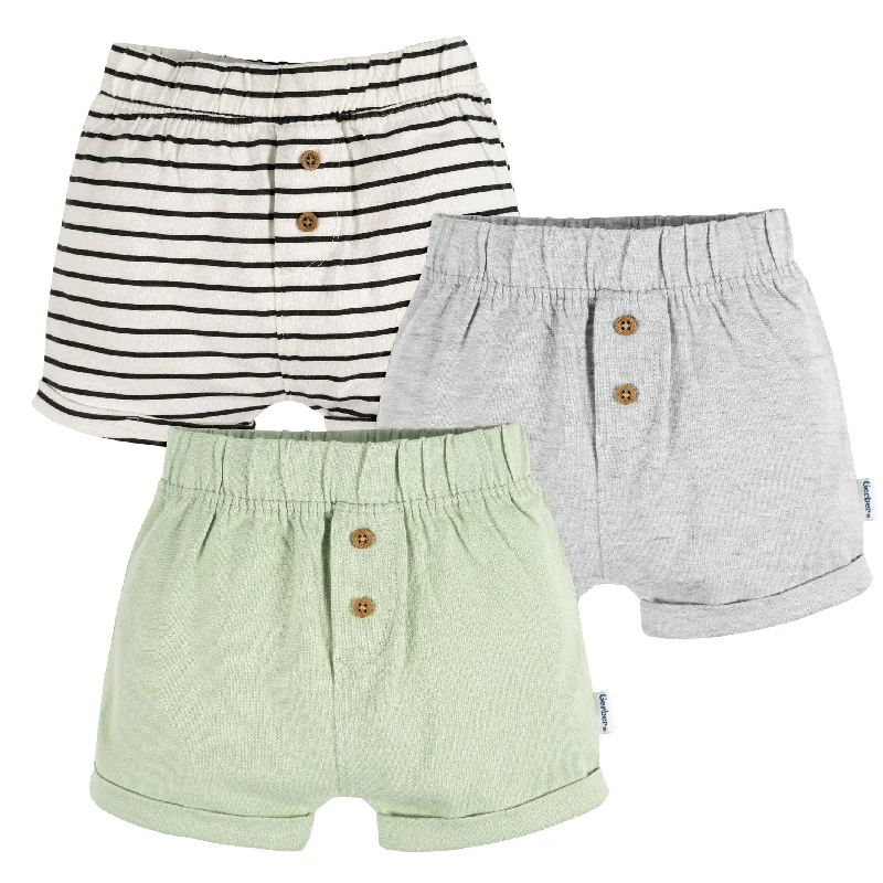 Soft And Comfortable 3-Pack Baby Neutral Black Stripe, Light Grey Heather, & Green Knit Shorts Soft And Comfortable 3-Pack Baby Neutral Black Stripe, Light Grey Heather, & Green Knit Shorts