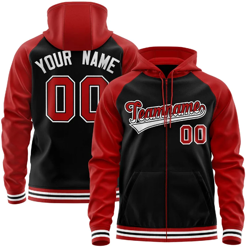Stretch Design Custom Stitched Black Red Raglan Sleeves Sports Full-Zip Sweatshirt Hoodie